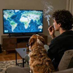 a dog smoking marijuana with it's owner, watching the world end