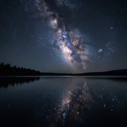 lake that is reflecting the cosmos at night with countless stars, superior quality, intricate quality, viscous liquid, surreal, highly detailed, real camera, real photo, 8 k, art by artstation