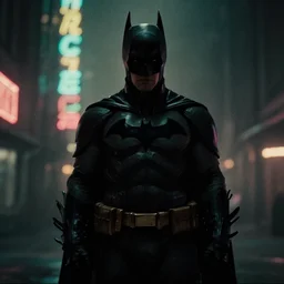 film still of batman in blade runner 2 0 4 9, silhouette, cinematic, moody, gritty neon noir by emmanuel lubezki