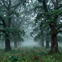 an enchanted forest of oak trees, mist and rain