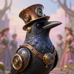 a close - up stunning fantasy scene of an adorable steampunk crow | highly detailed | very intricate | disney | magic the gathering | steampunk | dramatic romantic epic breathtaking whimsical magical | professional cinematic lighting | award - winning | painted by marc simonetti and anton fadeev and paul lehr and rhads and alena aenami | pastel color palette | featured on artstation