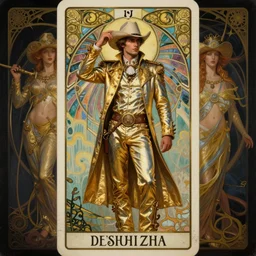 a dramatic ethereal epic symmetrical painting of a handsome cowboy in a !silvery! (gold) outfit | tarot card, art deco, art nouveau,  (steampunk), homoerotic, realistic | by Dresden Codak, by Mark Maggiori and ((((Alphonse Mucha))) | trending on artstation