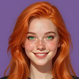 portrait of a beautiful smiling girl with orange hair and freckles, green eyes, highly detailed, digital painting, concept art, smooth, sharp, focus, illustration. background is purple, anime key visual, lois van baarle, ilya kuvshinov, rossdraws, artstation