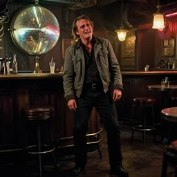 the full - body shot of crying unkempt drunkard brawler joaquin phoenix with sideburns worn in grey jacket in steampunk bar makes scandal, still shot from withnail & i movie with cinematography of christopher doyle, neon light reflectied from discoball, anamorphic, optical flares, kodak film, masterpiece, 8 k