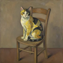 cubism cat on chair, in the style of georges braque, muted browns, yellows and blacks
