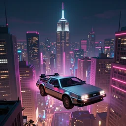 point perspective, neon city sharp, delorean hovers in the foreground