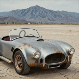 closeup of rusty shelby cobra, mountains in the background, full car, weathered, convertible, desert, cracked dry lake bed, by Zdzislaw Beksinski, Norman Rockwell, sorayama, al duke, Valter de Morais, highly detailed, soft lighting, film grain, 80mm, 8k resolution, hd, oil on canvas