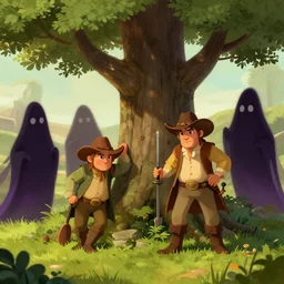 hobbits wearing cowboy hats hiring under a tree from wraiths, artstation digital art