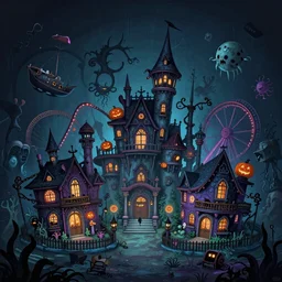 screenshot for a painted dark cartoon background that takes place on a horror based suburban underwater amusement park that incorporates darker halloween and ocean elements in its design imagery and features intricate housing based on old vampiric manors, halloween decorations, atlantis, shipwrecks, spooky, amusement park attractions, deep sea, horror themed, fun, in the style of stephen silver and tim burton