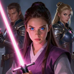 beautiful blue eyed brunette girl!! pink lightsaber! jedi, fire emblem, art by artgerm and greg rutkowski and magali villeneuve, portrait, d & d, fantasy, highly detailed, digital painting, trending on artstation, concept art, sharp focus, illustration