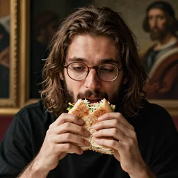 realistic portrait of tiktoker danny mondello eating a sandwich, italian guy with glasses long brown hair and a goatee, renaissance portrait painting, greg rutkowski, beautiful light