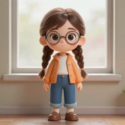 a beautiful digital full body painting of a modern day petite young girl, with braided brunette hair, wearing round glasses, standing in front of window, symmetrical face, 8 k. trending on art station, art by gaston bussiere