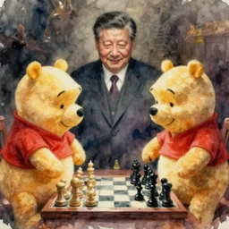 xi jinping winnie the pooh chess match, intricate watercolor painting by john singer sargent