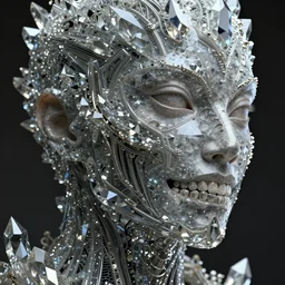 hyperrealism, dreamland of chinese, halfturn portrait of a big crystal face made of crystals half - turn, cyberpunk, sss material, ominous, slender and densely arranged teeth, futuristic, art deco, expressive, dystopian, ominous, intricate, oc rendered, concept art, photorealistic, unreal engine render