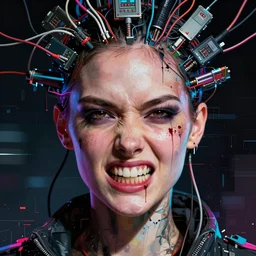 close up of a female cyberpunk, gritted teeth, with electrical wires and computer cables coming from his head, by jeremy mann, james jean and agnes cecile, and dave mckean, ashley wood, ink drips, paint smears, digital glitches, glitchart
