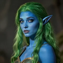 blue-skinned elf girl with green hair