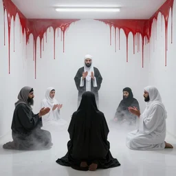 satanic occult seance conjures hizbillah in a misty white room with red fluid dripping from the walls