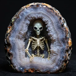 photography of a geode with a alien skellet inside it