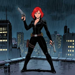 in the style of phil noto comic art, joshua middleton comic art, peyton list black widow holding pistol, symmetrical face, red hair, full body, on a rooftop, smirk, symmetrical eyes, rain, night, holding pistol, rain, symmetrical, action pose, artgerm, playful smirk, full body, holding pistol