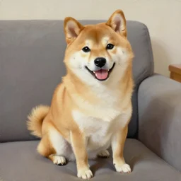 oil painting of a cute shiba inu sitting on a couch and smiling