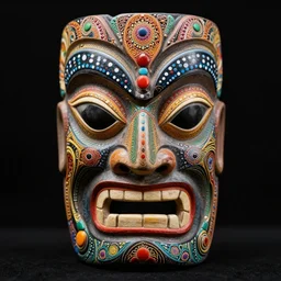 symmetrical tiki mask with eyes and mouth, black background, deep carving, very colorful, tribal, acrylic dots, psychedelic trip, patterns, fine mandelbrot fractal lace, 1 5 0 mm, soft rim light, elegant, hyper real, depth of field, sharp focus, ultra detailed, octane render, giger beksinski, 1 6 k