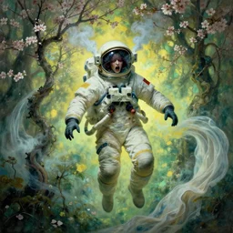 blinded by despair and wrath from betrayal a beautiful terrifying rococo astronaut wearing helmet smoke twisted trees cherry blossom, floating cloth whirlpool, hard lighting ethereal horror fantasy art, green, yellow blue hues by jean honore fragonard, karol bak, gaston bussiere craig mullins alphonse mucha basil gogos, monet, ruan jia