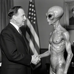 gray alien shaking hands with a president photograph in 1920s