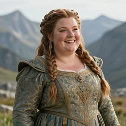 beautiful dwarven lady wearing an elegant brocade dress in the mountains, dungeons and dragons, lord of the rings, intricate, hyperdetailed, realistic, cheerful, complex braided hair, chubby and plump, big nose, greg staples and jeff easley, sharp focus, sunlight, soft lighting