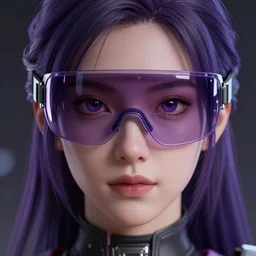 Close up portrait of a young Asian Cyberpunk woman with dark purple hair wearing a visor covering the eyes, hyperdetailed, artstation, cgsociety, 8k