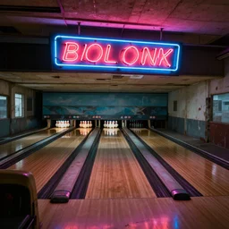 abandoned bowling alley, neon sign. realistic, trending on artstation.