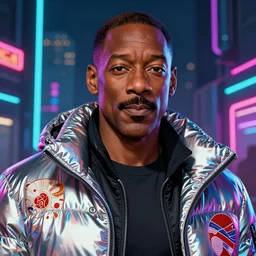 detailed portrait Eddie Murphy Neon Operator, cyberpunk futuristic neon, reflective puffy coat, decorated with traditional Japanese ornaments by Ismail inceoglu dragan bibin hans thoma greg rutkowski Alexandros Pyromallis Nekro Rene Maritte Illustrated, Perfect face, fine details, realistic shaded, fine-face, pretty face