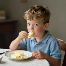 small boy sitting at the table eating butter from a plate with butter sticks, illustration by norman rockwell. the boy is facing the viewer.