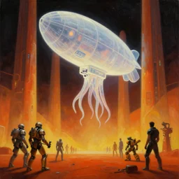 dramatic perspective fury road in space a minimalist bioluminescent oil painting by donato giancola, chris foss, warm coloured, cinematic scifi with giant bright translucent cephalopod zeppelin cyborg with microscopy, gigantic pillars, maschinen krieger, beeple, the matrix, star wars, ilm, star citizen, mass effect, artstation, atmospheric perspective