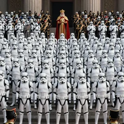 extreme long shot of a orderly huge crowd of imperial stormtroopers, officers, death troopers and royal guards, in full combat ready gear, all stand at attention beneath the emperor presiding over them, 8 k, unreal 5, octane render, majestic, superb, cinematic, dramatic, hyperrealistic, ultra detailed, award winning, breathtaking, groundbreaking, special effects, cgi art, volumetric lighting, photoshopped, intricate digital art