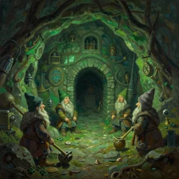 a beautiful painting of a dwarven mine, ambient green light, art by keith parkinson and greg rutkowski and tim hildebrandt