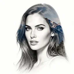 double - exposure tattoo sketch of megan fox face shaped in beautiful mountains, mash up, blending, in the style of dan mountford