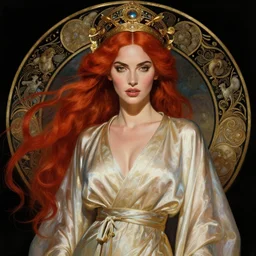body portrait of megan fox with red hair, wearing a flowing silk robe, wearing an ornate ancient headress, by terry o'neill intricate, elegant, highly detailed, digital painting, artstation, concept art, smooth, sharp focus, bold lighting, deep colors, dark background, illustration, art by artgerm and greg rutkowski and alphonse mucha, 8 k,