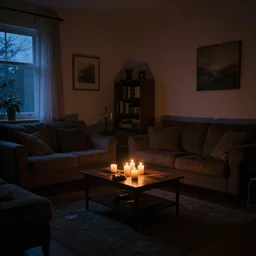 dark dreamy living room, candlelight glow, dusk, shadows