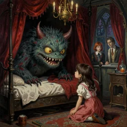 realistic detailed image of a a little monster  hiding under the bed   and a girl looking at monster under the bed in an old soviet girlish room with by  Ayami Kojima, Amano, Karol Bak, Greg Hildebrandt, and Mark Brooks, Neo-Gothic, gothic, rich deep colors. Beksinski painting. art by Takato Yamamoto. masterpiece. ultra details, high quality, high resolution .