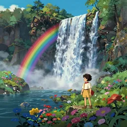 a wholesome animation key shot of a middle earth landscape, waterfalls, blue, rainbow, colorful, studio ghibli, pixar and disney animation, mary blair, heinz edelmann, sharp, rendered in unreal engine 5, anime key art by greg rutkowski, bloom, dramatic lighting, volumetric lighting