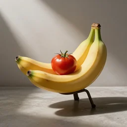 a realistic banana chair, a tomato is sitting on the chair