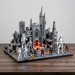 a detailed photo of a epic diorama of star wars toys, macro photography, zoom, table, studio lighting