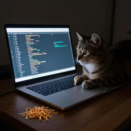 a cat programming on a laptop, dark room, catnip on a table