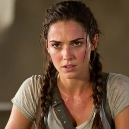 a film still of lara croft as blacksmith, her face flushing and sweat, direct sun light, close up potrait, cinematic,