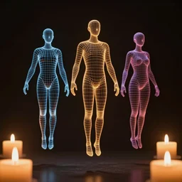 3 d wireframe of humans floating in the air, full colour, hyper realistic photo, candle light, dramatic lighting, chiaroscuro, shallow depth of field, upscale, 8 k, masterpiece,