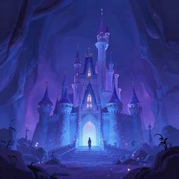 stylized digital illustration of a subterranean magic castle surrounded by a mote, by victo ngai, disney animated film key art, blue and purple color scheme