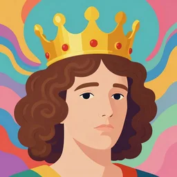 a colorful vibrant closeup portrait of a simple caucasian man royalty crown king with curly mid length brown hair with a calm afraid aesthetic face and dreaming psychedelic hair, by kawase hasui, moebius, edward hopper and james gilleard, zdzislaw beksinski, steven outram colorful flat surreal design, hd, 8 k, artstation