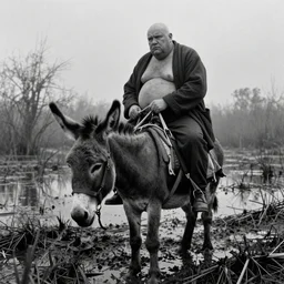 movie still by tarkovsky of a giant obese old bald man wear dark clothes on a donkey, a swamp, cinestill 8 0 0 t 3 5 mm b & w, heavy grain, high quality, noir, natural textures, photorealistic, ambient occlusion, hd, mud, fog