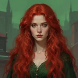 long fancy red hair rogue, portrait, gentle, solemn face, cloth, female, city background, d & d, fantasy, intricate, elegant, digital painting, red green color palette, artstation, octane render, concept art, matte, sharp focus, illustration, herrarthstone, art by artgerm and greg rutkowski and alphonse mucha