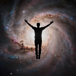 wide shot of athletic man, inspiring pose, floating, silhouette, long shot, in a cosmic nebula background, matte colors, very very very dramatic, inspiring digital art trending on artstation